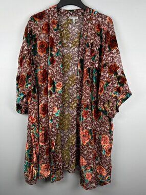 Catherines Kimono Women 4X/5X Orange Brown Floral Velvet Burnout Bohemian Cover